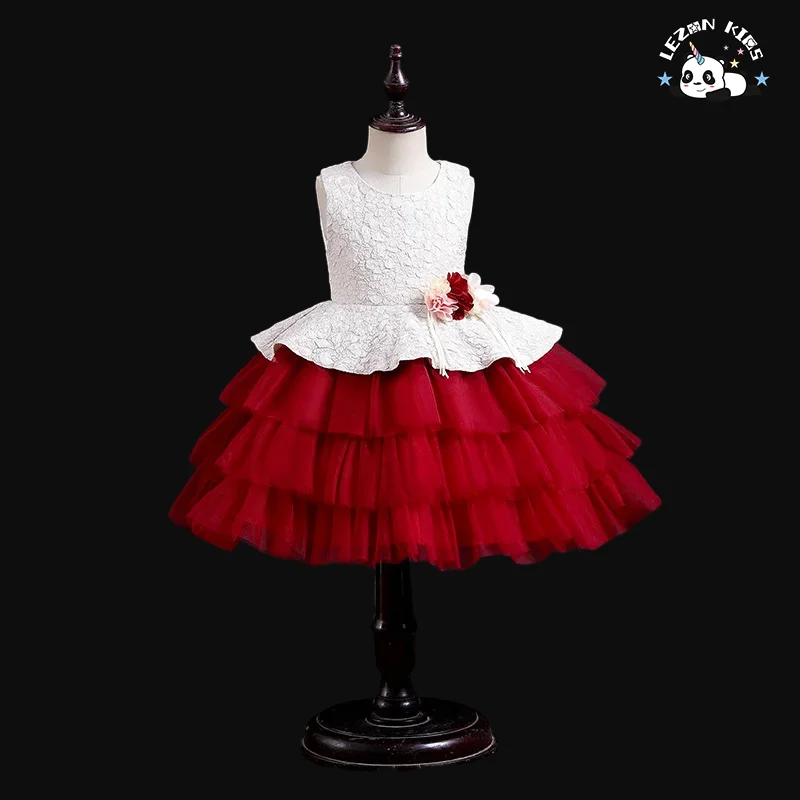 LEZONKIDS - Custom Logo Luxury Princess Girls Party Dress Woolen Cotton Tutu Ruffles Formal Style for Birthday or Party